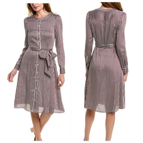 Court & Rowe Dress womens size 10 Satin fine strip button up belted Modest - Picture 1 of 8